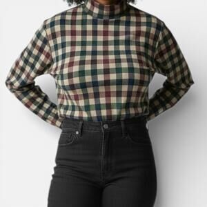 Vintage Earthtone Plaid Pullover Mock Funnel Neck Long Shirt Sz L